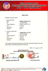 Pasangan “AMAN” Amizaro Waruwu dan Yusman Zega Dikabarkan Kantongi SK Dukungan DPP Partai PDI Perjuangan